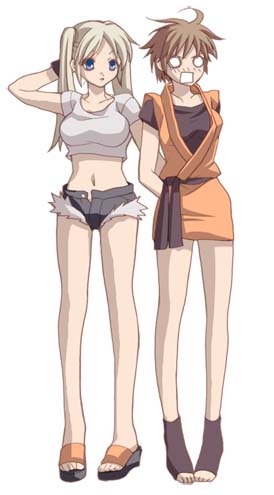 ryou sakazaki, terry bogard, snk, the king of fighters, gender request, lowres, 2girls, blonde hair, blue eyes, breasts, brown hair, cutoffs, denim, denim shorts, genderswap, long hair, medium breasts, midnight bliss, midriff, multiple girls, navel, short hair, short shorts, shorts, toeless legwear, toes, twintails, unbuttoned