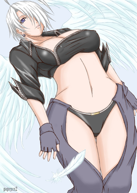 papepox2, angel (kof), snk, the king of fighters, 1girl, blue eyes, breasts, female focus, large breasts, midriff, solo, white hair, wings