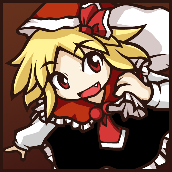 chibitami, rumia, embodiment of scarlet devil, touhou, 1girl, blonde hair, fang, female focus, gradient background, red eyes, santa costume, short hair, solo