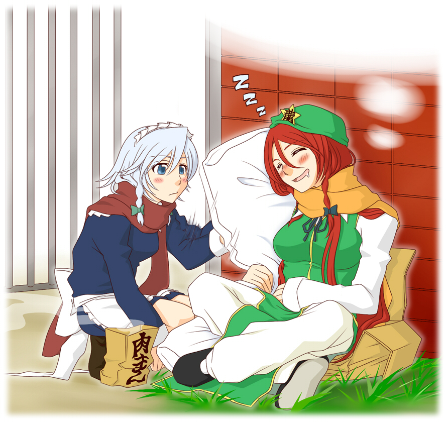 neko majin, hong meiling, izayoi sakuya, embodiment of scarlet devil, touhou, silver hair, 2girls, blue eyes, blush, braid, female focus, hairband, hat, long hair, maid, multiple girls, pillow, red hair, short hair, sleeping, twin braids