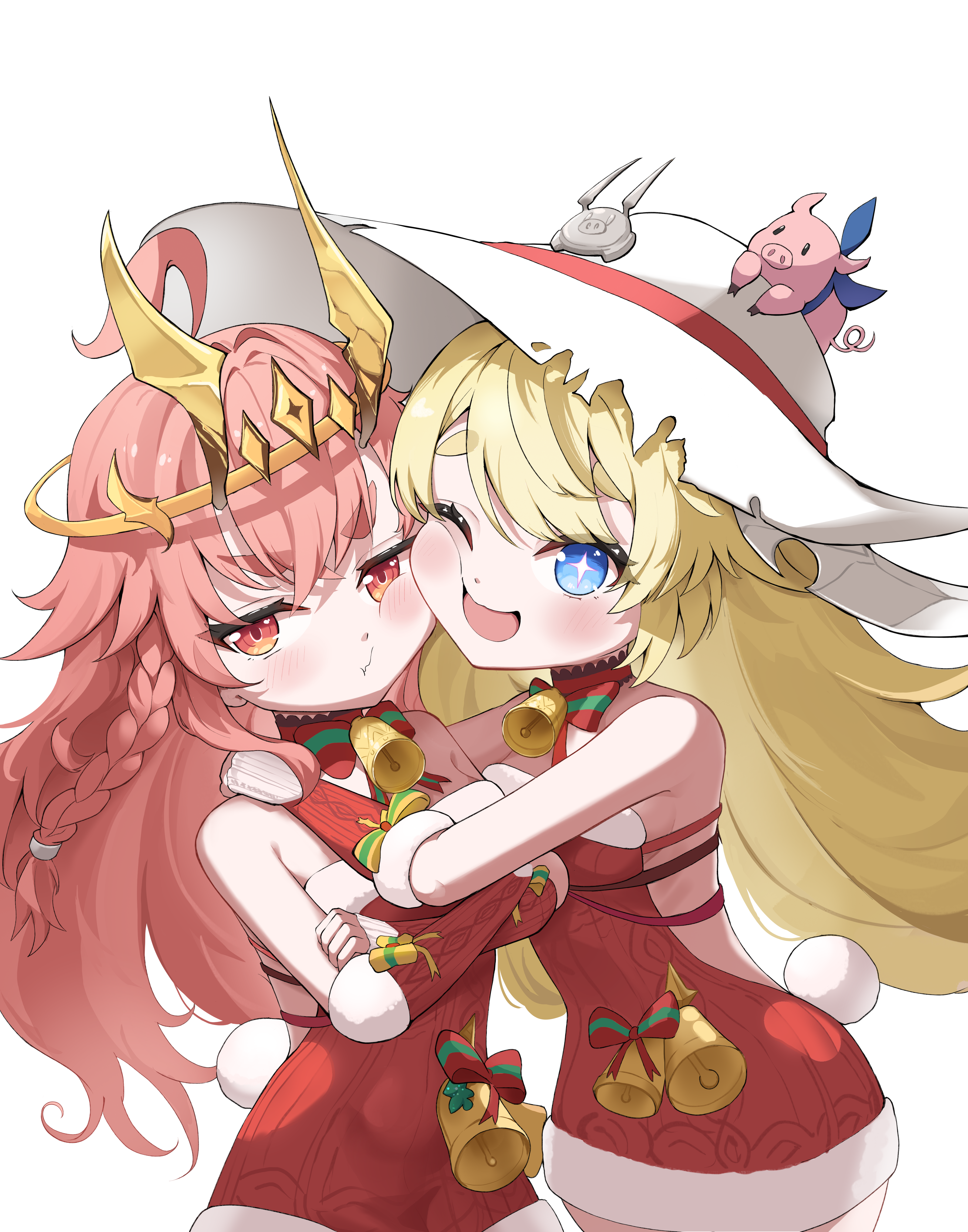 revermam12, lisbell (duet night abyss), truffle (duet night abyss), duet night abyss, absurdres, commentary, english commentary, highres, 2girls, bell, blonde hair, blue eyes, braid, breasts, cheek-to-cheek, closed mouth, crossed arms, crown, frown, hat, heads together, hug, long hair, looking at viewer, multiple boys, multiple girls, neck bell, one eye closed, open mouth, pink eyes, pink hair, red sweater, sideboob, simple background, small breasts, smile, standing, sun hat, sweater, thick eyebrows, virgin killer sweater, white background, white hat