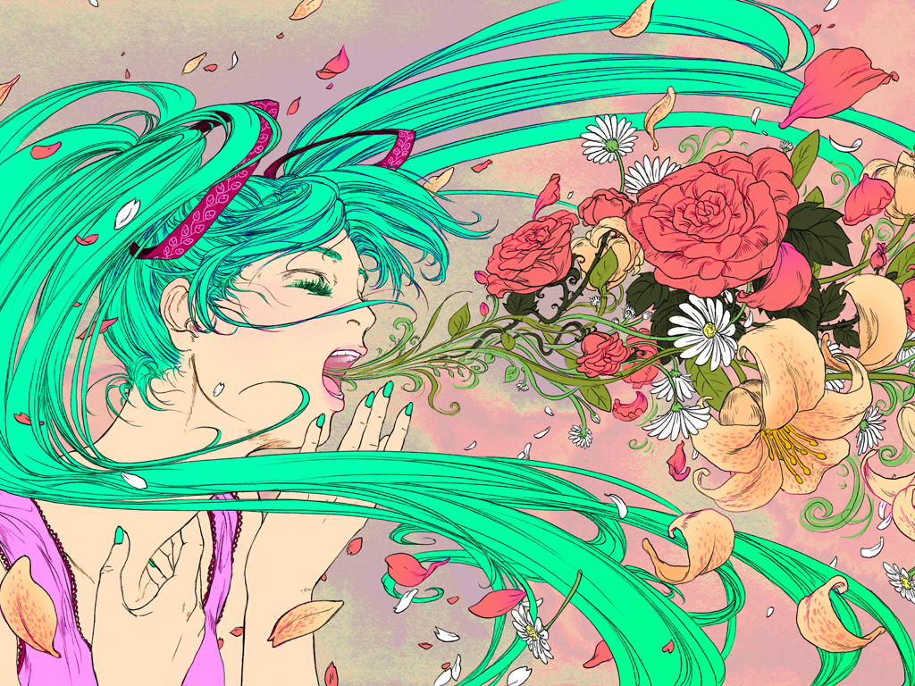 joanna krotka, hatsune miku, vocaloid, 1girl, aqua hair, closed eyes, female focus, flower, green nails, long hair, nail polish, open mouth, petals, rose, solo, twintails, very long hair