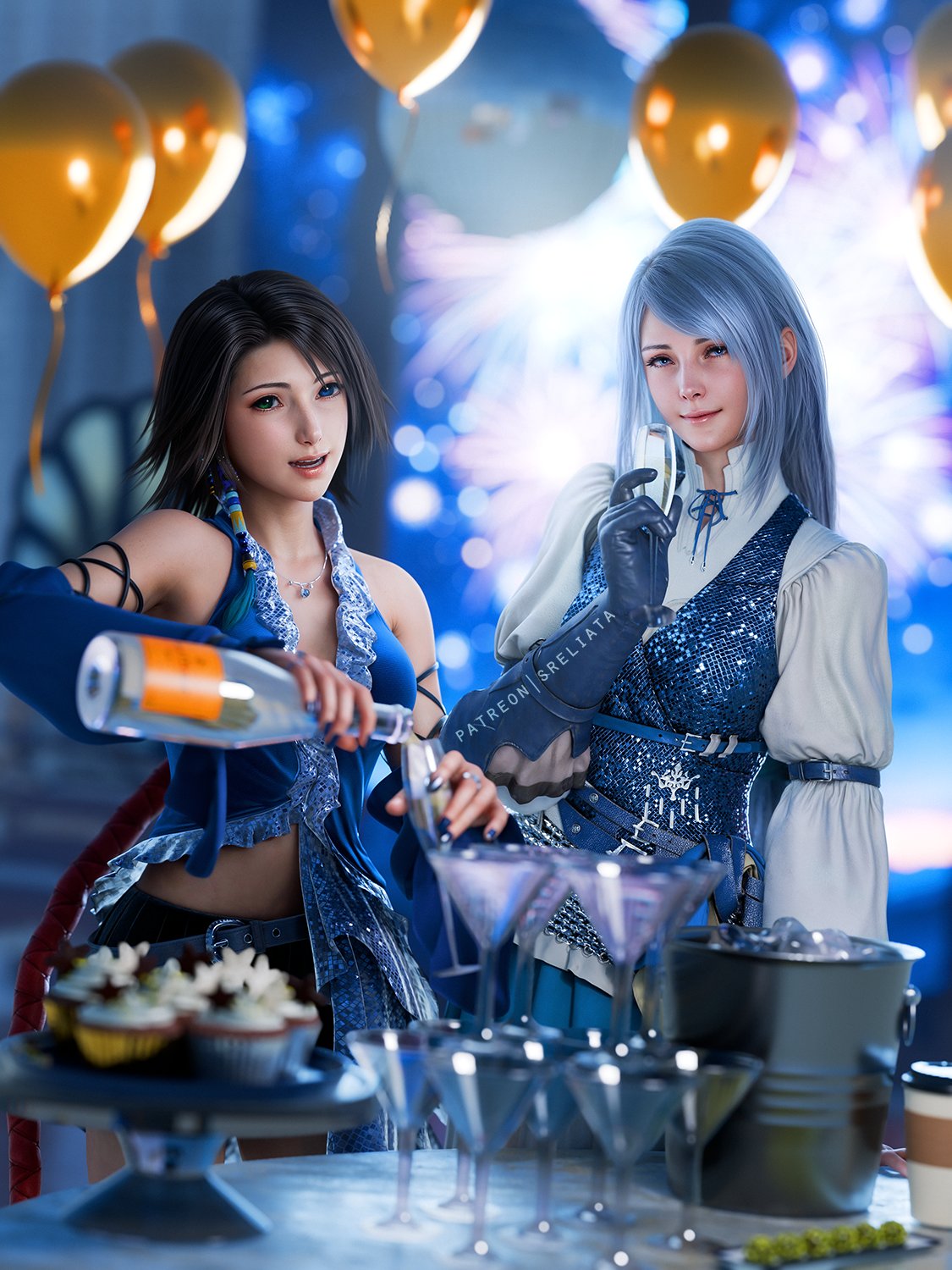 sreliata, jill warrick, yuna (ff10), final fantasy, final fantasy x, final fantasy x-2, final fantasy xvi, commentary, english commentary, highres, 2girls, balloon, blurry, blurry background, blurry foreground, brown hair, champagne flute, cocktail glass, cup, detached sleeves, drinking glass, grey eyes, grey hair, heterochromia, in-franchise crossover, multiple girls, new year, pouring, smile, songstress (final fantasy), table