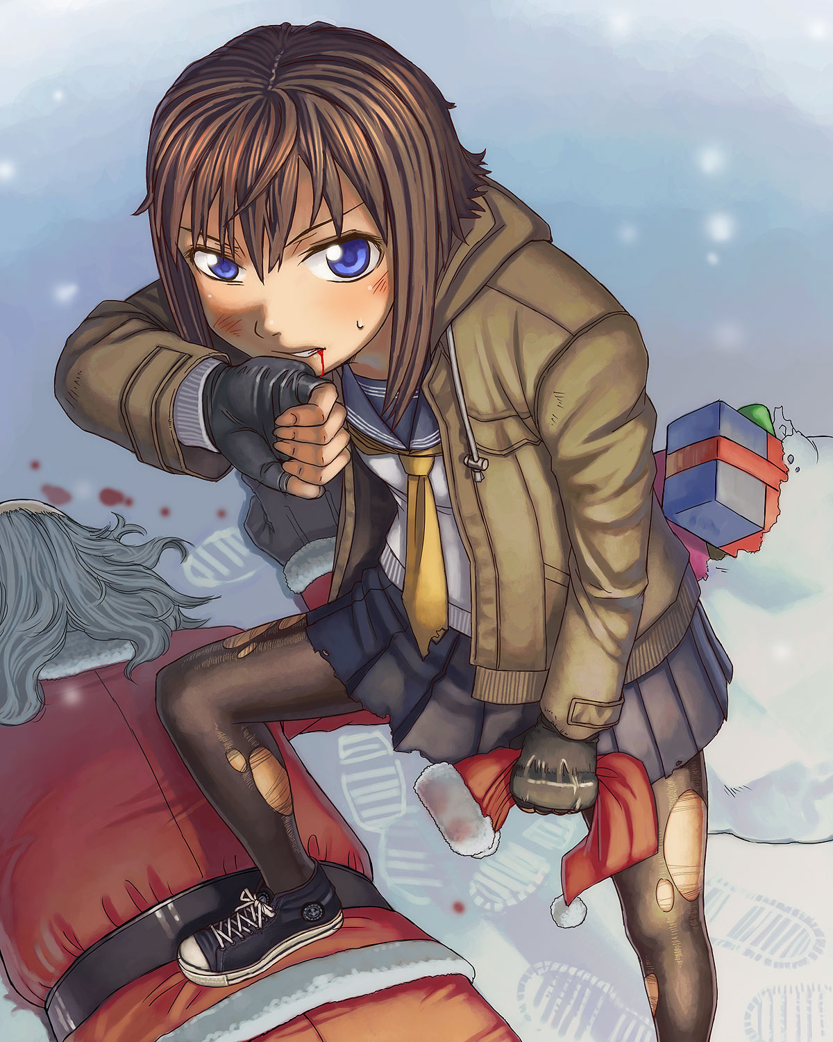 itou (onsoku tassha), santa claus, original, torn legwear, highres, 1boy, 1girl, blood, blue eyes, brown hair, fingerless gloves, gift, gloves, hat, jacket, looking up, pantyhose, santa costume, santa hat, school uniform, serafuku, skirt, snow, torn clothes