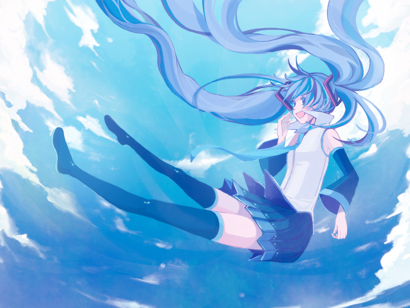 72 (nananatsu), hatsune miku, vocaloid, bad id, bad pixiv id, 1girl, aqua eyes, aqua hair, cloud, day, detached sleeves, falling, female focus, full body, long hair, necktie, outdoors, skirt, sky, smile, solo, thighhighs, twintails, very long hair, zettai ryouiki