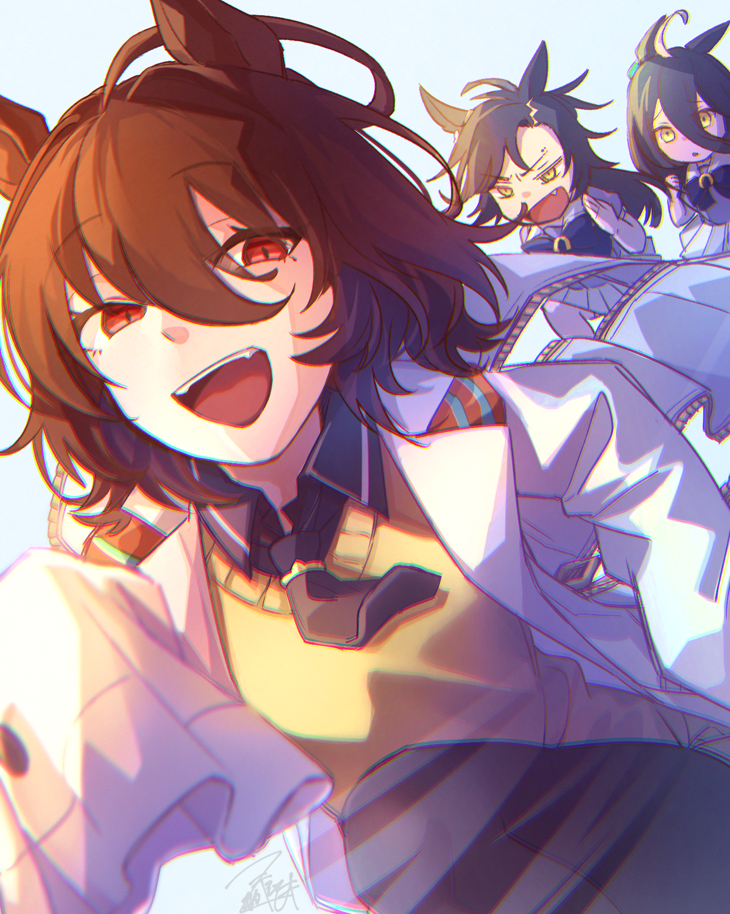 tenagaebi, agnes tachyon (tach-nology) (umamusume), agnes tachyon (umamusume), air shakur (umamusume), manhattan cafe (umamusume), umamusume, commentary request, highres, 3girls, :d, ahoge, angry, animal ears, black hair, black necktie, blue bow, blue bowtie, blurry, blurry foreground, bow, bowtie, brown hair, chasing, chromatic aberration, collared shirt, deformed, depth of field, eyes visible through hair, fang, furrowed brow, hair between eyes, horse ears, horse girl, lab coat, long hair, multiple girls, necktie, open mouth, partially shaded face, raised inner eyebrows, red eyes, running, school uniform, serafuku, shirt, short hair, short necktie, sidelighting, signature, simple background, skirt, sleeves past fingers, sleeves past wrists, smile, summer uniform, sweater, teeth, tracen school uniform, upper body, upper teeth only, yellow eyes, yellow sweater