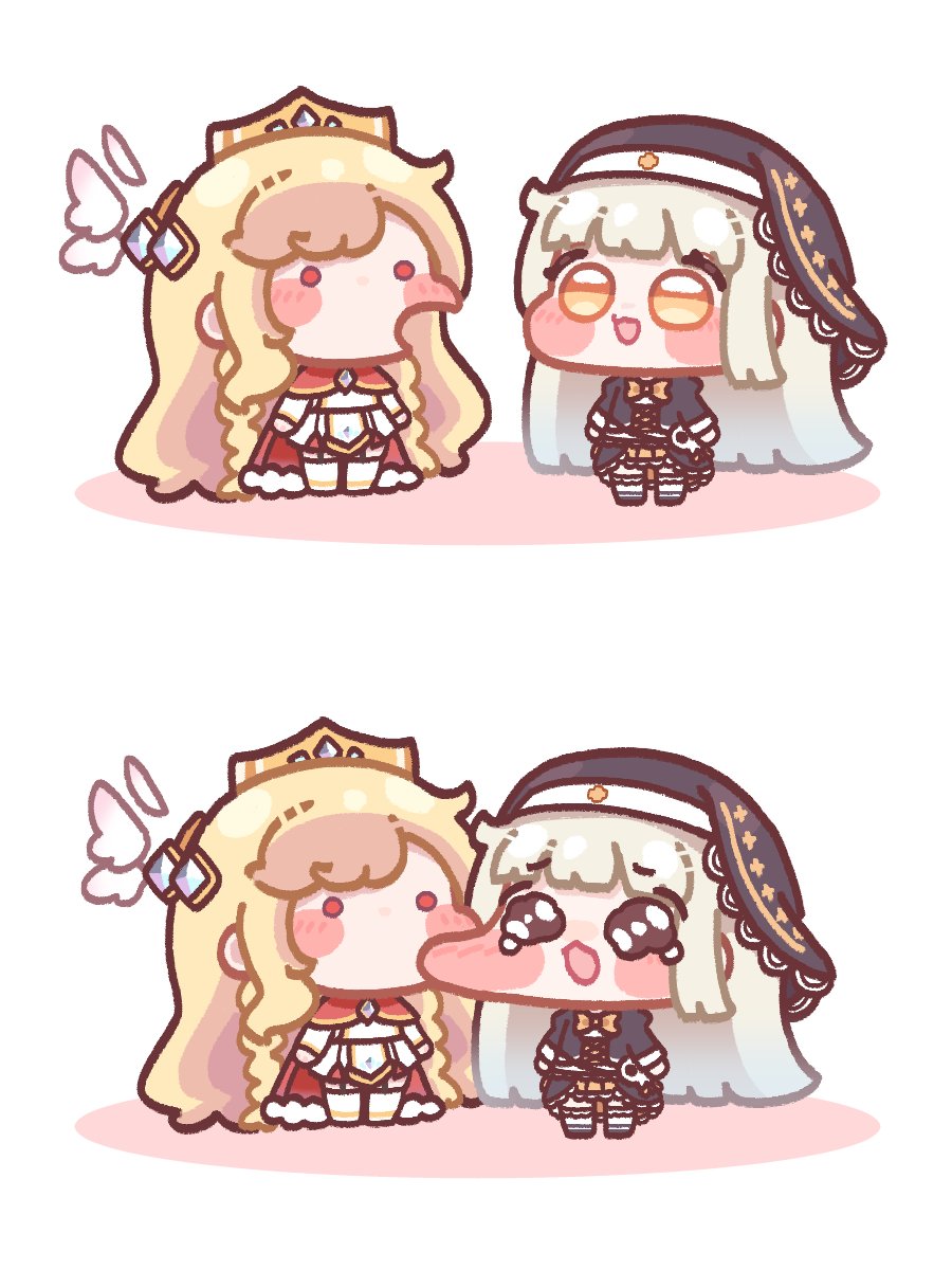 erpin (trickcal), speaki (trickcal), trickcal, highres, 2girls, biting, biting cheek, black coif, black dress, blonde hair, blush, boots, braid, cape, chibi, chibi only, crown, dress, full body, long hair, meme, multiple girls, open mouth, panto pt, red cape, simple background, speakiposting (meme), tearing up, twin braids, white background, white boots, white dress, white hair, yellow eyes