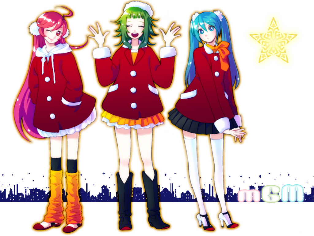 tama (pixiv), tama (pixiv88758), tama (speedgrapher), yoshizawa tamae, gumi, hatsune miku, sf-a2 miki, vocaloid, bad id, bad pixiv id, 3girls, ahoge, aqua eyes, aqua hair, blue hair, bonnet, boots, christmas, coat, earmuffs, green hair, hat, high heels, leg warmers, long hair, multiple girls, pink eyes, pink hair, red hair, santa costume, santa hat, shoes, short hair, skirt, smile, thighhighs, twintails, zettai ryouiki