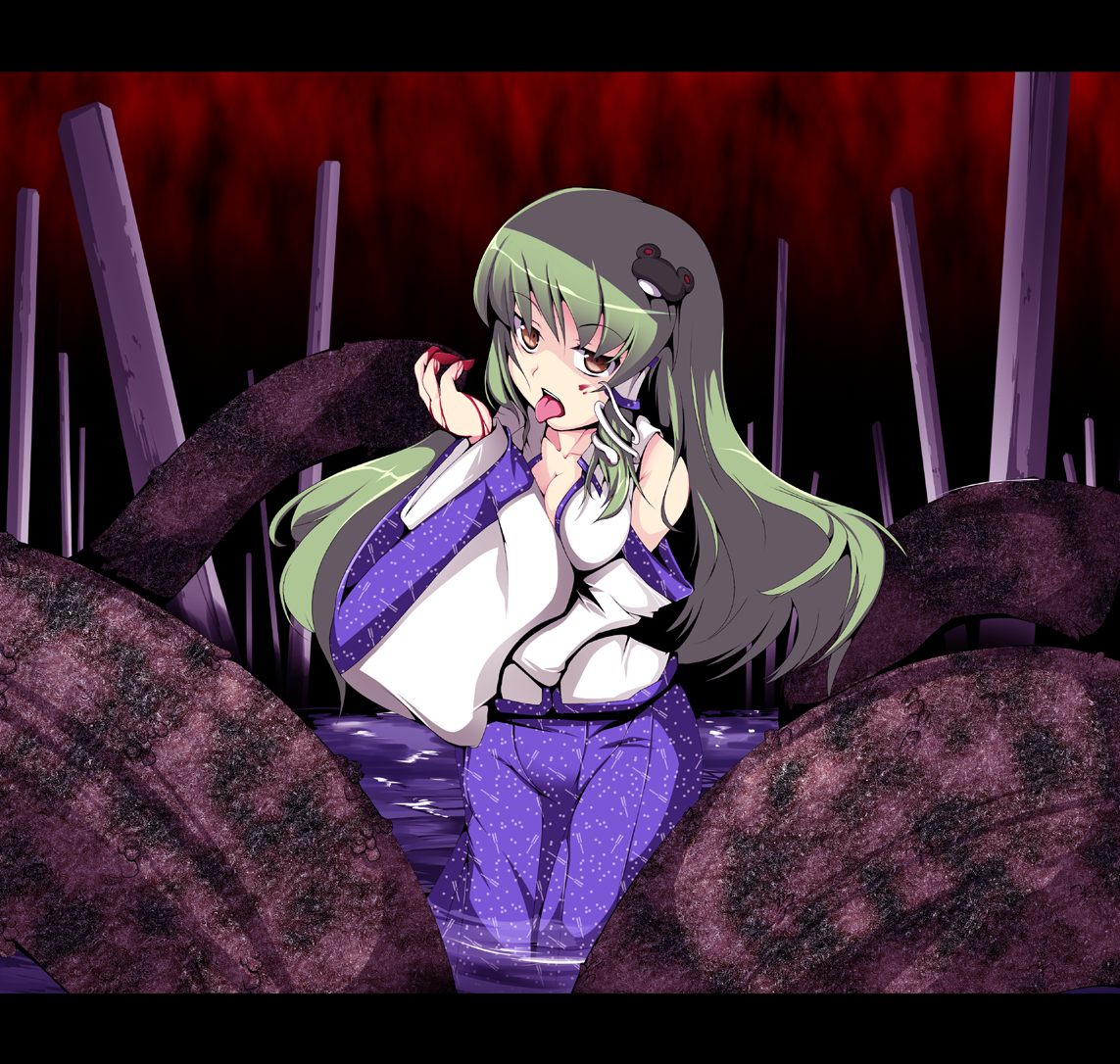 fujy, kochiya sanae, touhou, 1girl, blood, breasts, cleavage, detached sleeves, female focus, frog, gradient background, green hair, hair ornament, japanese clothes, long hair, onbashira, skirt, snake, solo, tongue, yellow eyes
