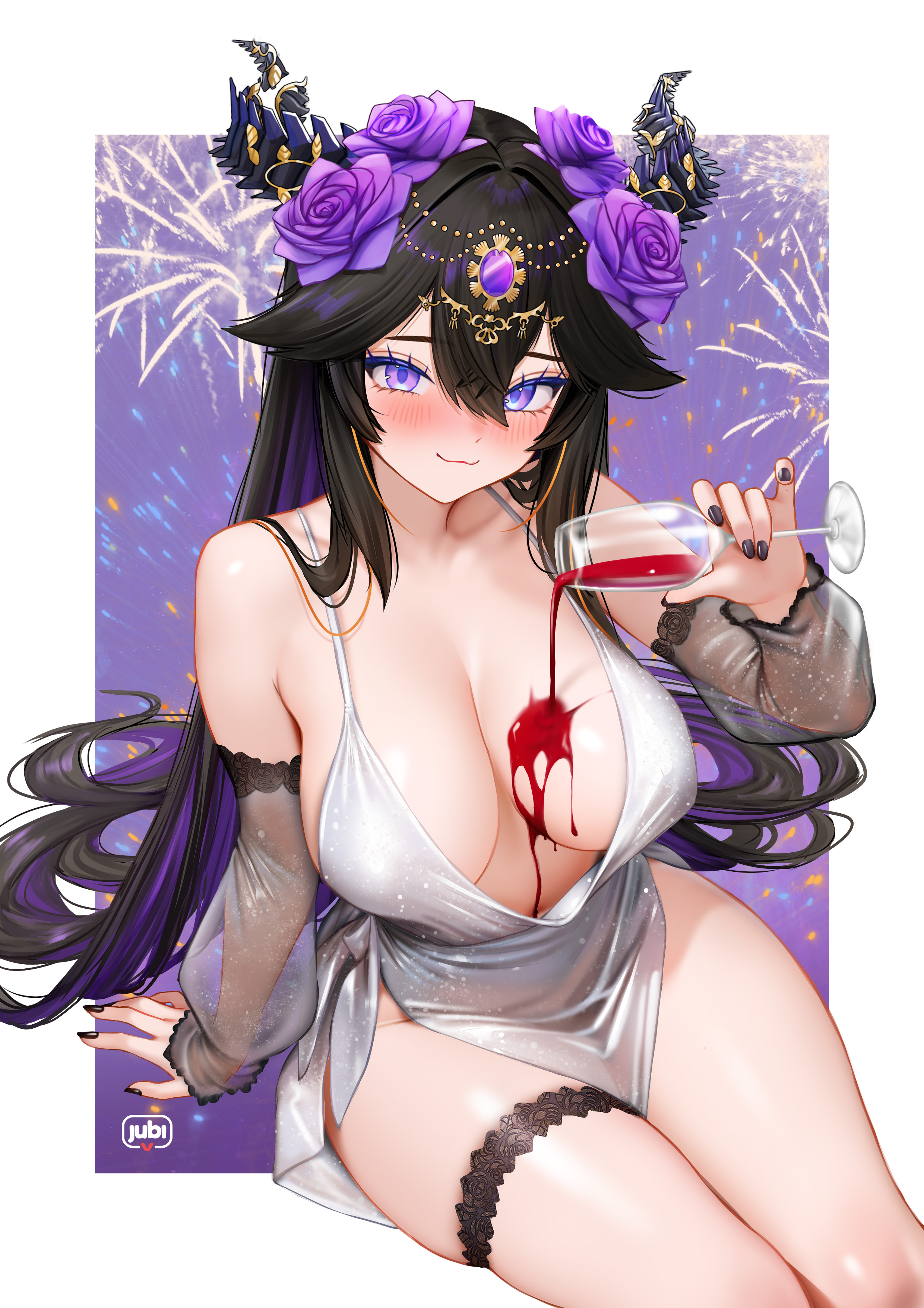 regiana (jubi), unjaded (vtuber), indie virtual youtuber, absurdres, commentary, english commentary, highres, second-party source, 1girl, :3, aerial fireworks, alcohol, arm support, artist name, asymmetrical horns, bare shoulders, black hair, black nails, blush, border, breasts, cleavage, closed mouth, collarbone, colored inner hair, cup, demon girl, demon horns, detached sleeves, dress, drinking glass, evening gown, fireworks, flower, gem, gold, groin, hair between eyes, hair flower, hair intakes, hair ornament, hair spread out, hand up, headpiece, holding, holding cup, horns, large breasts, long hair, looking at viewer, mismatched horns, multicolored hair, nail polish, no panties, pouring, pouring onto self, purple background, purple eyes, purple flower, purple gem, purple hair, purple rose, red wine, rose, see-through clothes, see-through sleeves, sidelocks, silver dress, sitting, smile, solo, thigh strap, thighs, very long hair, virtual youtuber, white border, wine, wine glass