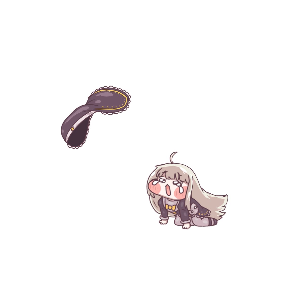 speaki (trickcal), trickcal, 1girl, ahoge, all fours, black coif, black dress, blush, chibi, chibi only, dress, full body, grey hair, grey pantyhose, hat loss, intoushi, long hair, long sleeves, meme, open mouth, pantyhose, simple background, solo, speakiposting (meme), tearing up, white background