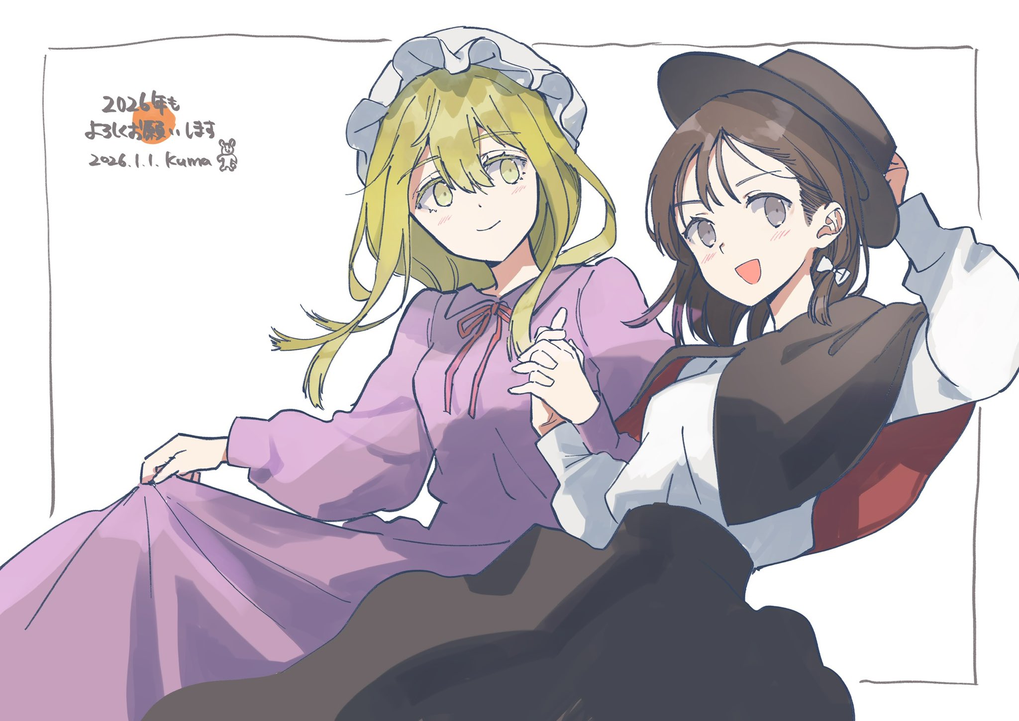 maribel hearn, usami renko, touhou, commentary, highres, symbol-only commentary, translation request, 2026, 2girls, black capelet, black hat, black skirt, blonde hair, blush, border, bow, brown eyes, brown hair, capelet, collared dress, cowboy shot, dated, dress, hair bow, hand on headwear, hat, high-waist skirt, holding hands, interlocked fingers, kumateya, long hair, long sleeves, mob cap, multiple girls, neck ribbon, open mouth, purple dress, red capelet, red ribbon, ribbon, shirt, short hair, skirt, smile, two-tone capelet, white background, white bow, white hat, white shirt, yellow eyes