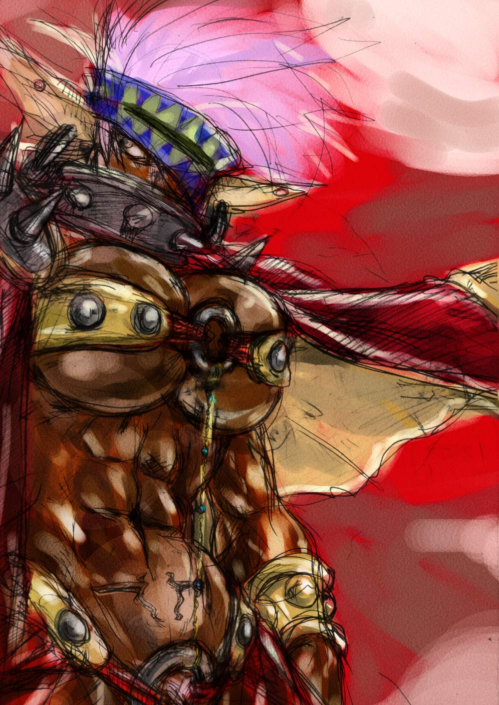 hey (bluebell), milda (grandia), game arts, grandia, grandia i, highres, 1girl, abs, bracelet, breasts, cape, cleavage, collar, dark-skinned female, dark skin, female focus, headband, jewelry, markings, muscular, muscular female, navel, pink hair, pointy ears, shoulder pads, sketch, solo, spiked collar, spikes, underboob