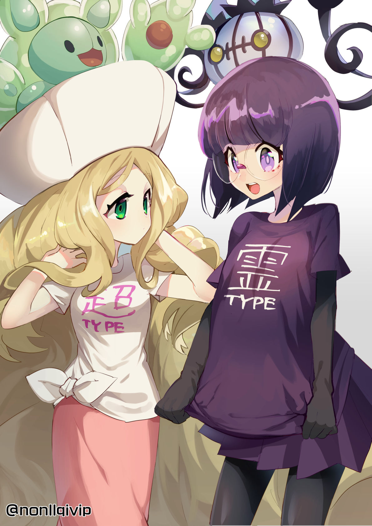 yamanashi taiki, caitlin (pokemon), chandelure, reuniclus, shauntal (pokemon), nintendo, pokemon, pokemon bw, commentary request, highres, translation request, 2girls, adapted costume, blonde hair, blunt bangs, bob cut, breasts, dress, elbow gloves, gen 5 pokemon, glasses, gloves, green eyes, hat, long hair, medium breasts, multiple girls, pantyhose, parted bangs, pink dress, pink hat, pokemon (creature), pulling own clothes, purple eyes, purple hair, purple skirt, rimless eyewear, round eyewear, shirt, short hair, short sleeves, skirt, small breasts, smile, t-shirt, tied shirt, very long hair