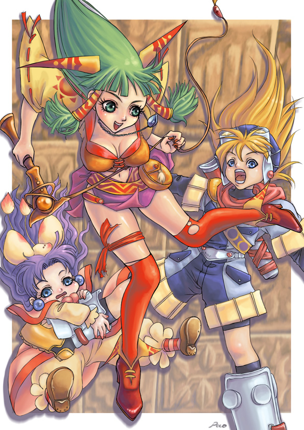 poco (asahi age), poko (mipoko), feena (grandia), justin (grandia), sue (grandia), game arts, grandia, grandia i, bad id, bad pixiv id, falling, green hair, hair ornament, jewelry, kneehighs, legs, long hair, midriff, navel, necklace, open mouth, shoes, socks, torn clothes, weapon