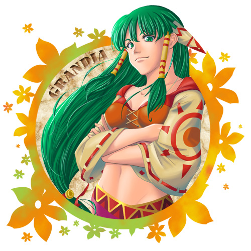 yu-yu (artist), yu-yu (quelsunwell), feena (grandia), game arts, grandia, grandia i, bad id, bad pixiv id, lowres, 1girl, circle, copyright name, crossed arms, female focus, flower, green eyes, green hair, hair ornament, hair tubes, long hair, long sleeves, looking down, matching hair/eyes, midriff, navel, smile, solo, wide sleeves, yu-yu