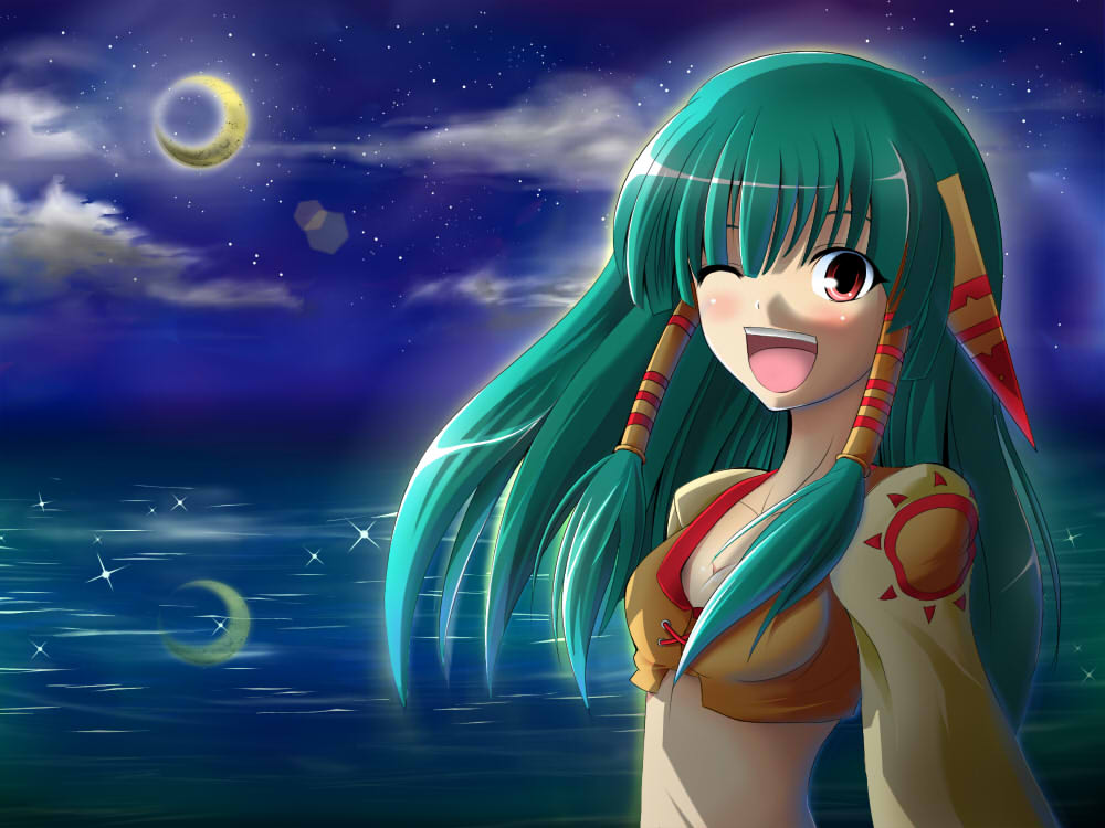 kayama kenji, reki 48, feena (grandia), game arts, grandia, grandia i, bad id, bad pixiv id, 1girl, blush, breasts, cleavage, cloud, crescent moon, female focus, glitter, green hair, hair ornament, hair tubes, long hair, long sleeves, medium breasts, midriff, moon, moonlight, night, ocean, one eye closed, open mouth, outdoors, red eyes, reflection, sky, solo, water, wink