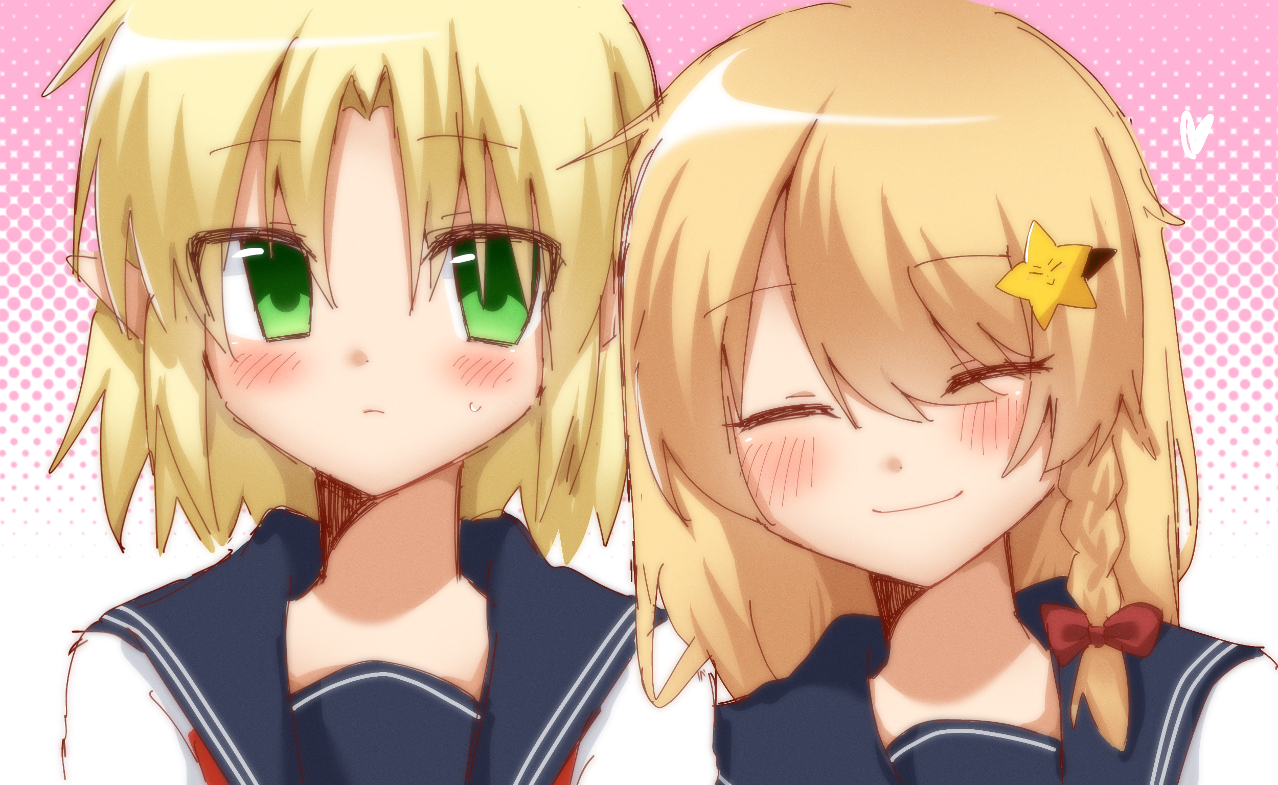 joker (cookie), kirisame marisa, mizuhashi parsee, suzu (cookie), cookie (touhou), touhou, commentary, highres, 2girls, akikann111, black sailor collar, blonde hair, blush, bow, braid, closed eyes, closed mouth, green eyes, hair between eyes, hair bow, hair ornament, long hair, looking at viewer, multiple girls, pink background, pointy ears, red bow, sailor collar, school uniform, serafuku, short hair, side braid, single braid, smile, star (symbol), star hair ornament, upper body