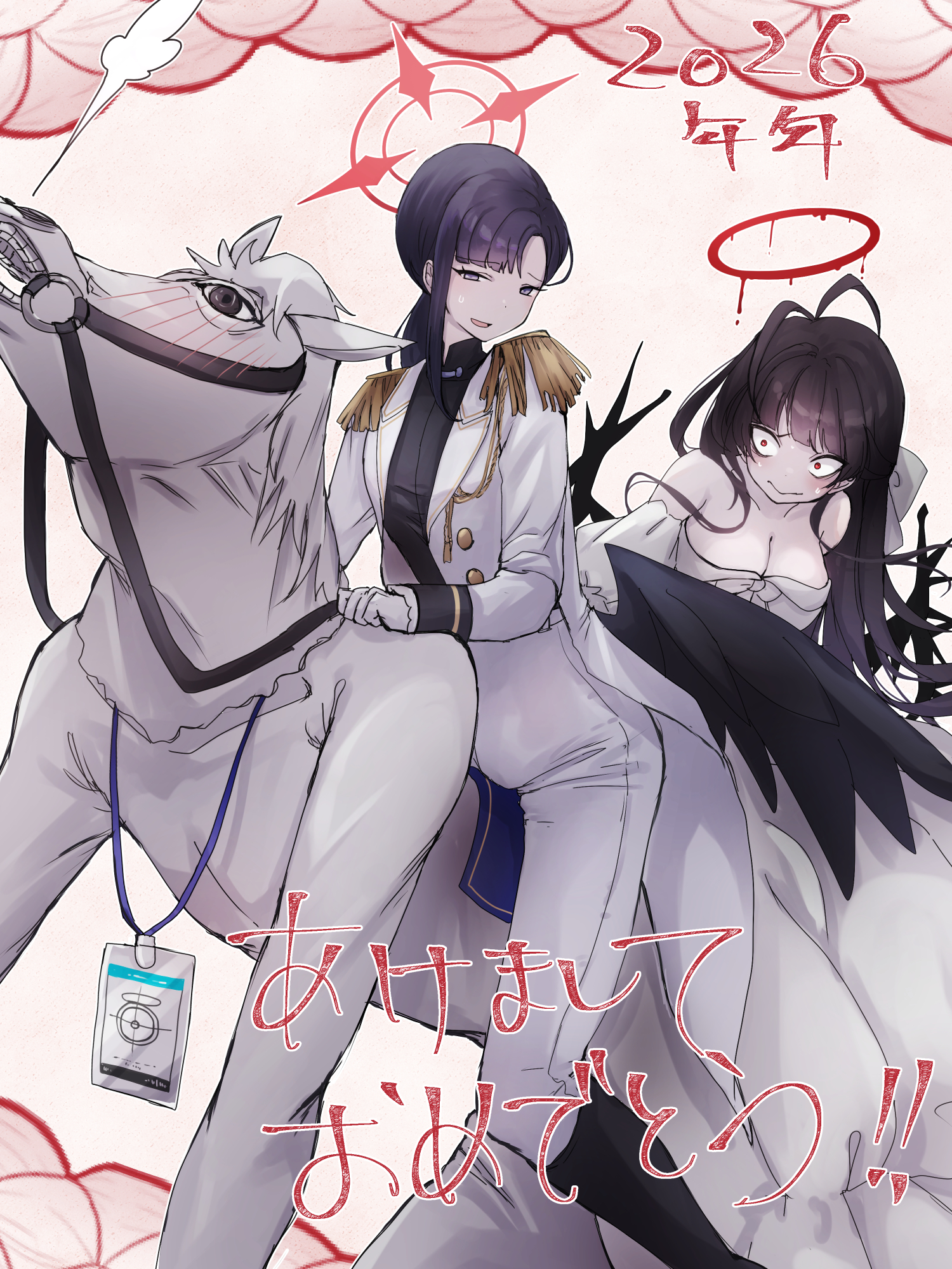 komena (shinyday312), ichika (blue archive), ichika (suit) (blue archive), sensei (blue archive), tsurugi (blue archive), tsurugi (dress) (blue archive), blue archive, commentary request, highres, translation request, 1boy, 2026, 2girls, aiguillette, akeome, antenna hair, black hair, black shirt, black wings, blush, bodysuit, breasts, chinese zodiac, cleavage, detached sleeves, dress, gloves, halo, happy new year, horse mask, jacket, lanyard, large breasts, mask, melting halo, multiple girls, new year, official alternate costume, pants, red halo, riding person, shirt, sweatdrop, white bodysuit, white dress, white gloves, white jacket, white pants, wings, year of the horse