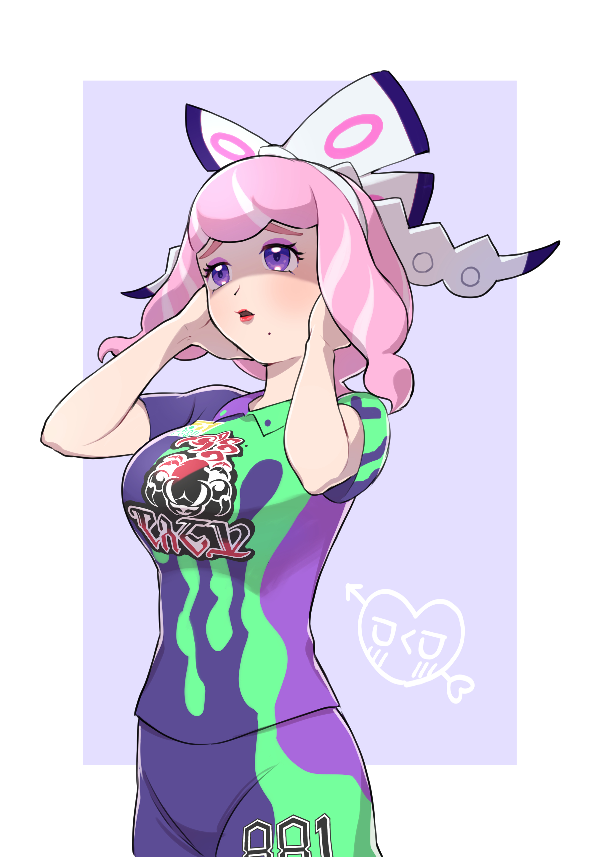 mira (miramita8727), klara (pokemon), nintendo, pokemon, pokemon swsh, absurdres, commentary request, highres, 1girl, bow, breasts, collared shirt, drill hair, drill sidelocks, eyeshadow, flipped hair, hair bow, hairband, hands up, large breasts, makeup, medium breasts, mole, mole under mouth, no jacket, pink eyeshadow, pink hair, pink lips, print shirt, print shorts, purple eyes, raised eyebrows, shaded face, shirt, short hair, short sleeves, shorts, side slit, side slit shorts, sidelocks, solo, two-tone shirt, two-tone shorts, upper body, white bow, white hairband