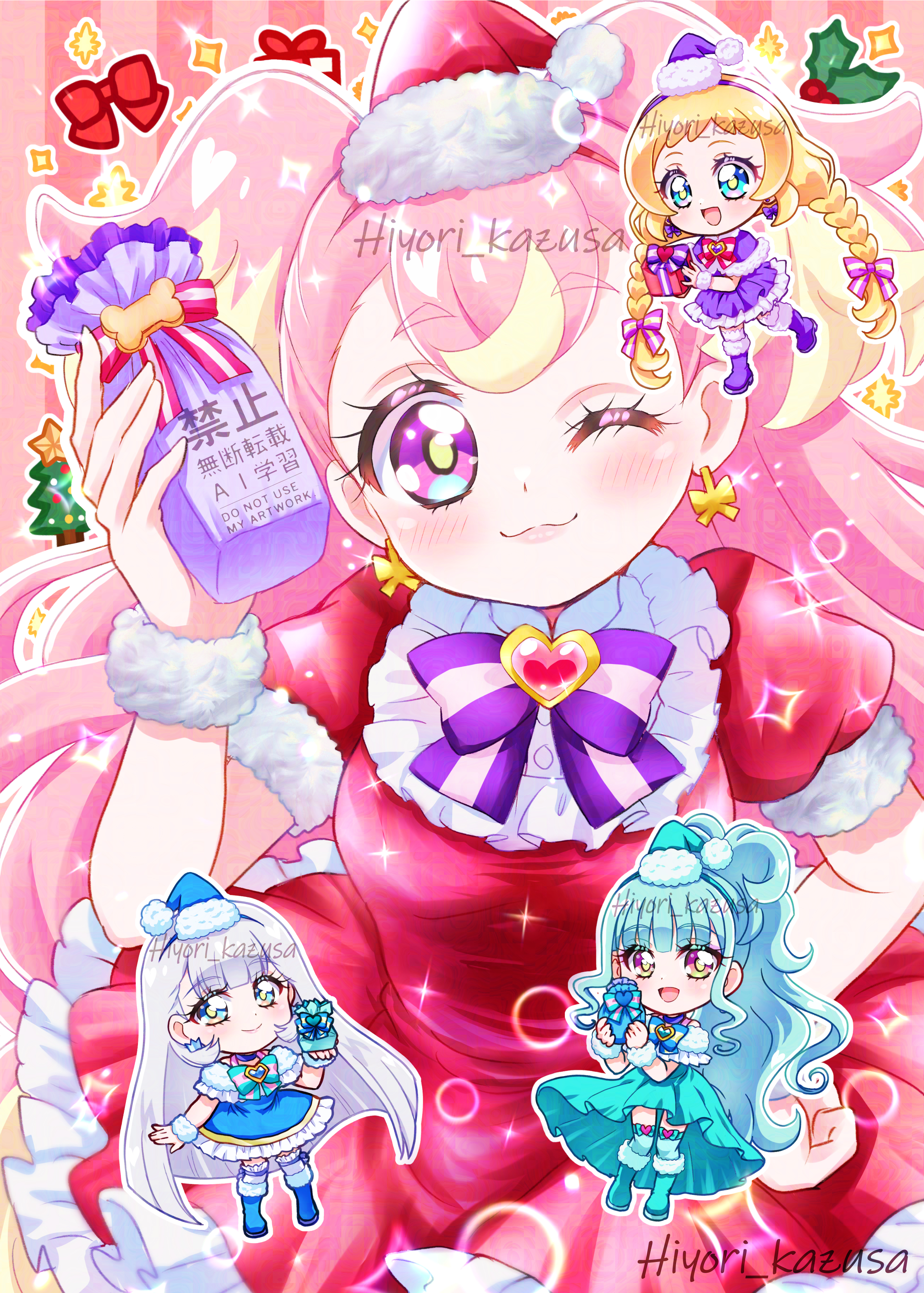 kazusa hiyori, cure friendy, cure lillian, cure nyammy, cure wonderful, inukai iroha, inukai komugi, nekoyashiki mayu, nekoyashiki yuki, precure, wonderful precure!, absurdres, commentary, highres, 4girls, aqua boots, aqua bow, aqua bowtie, aqua dress, aqua hairband, aqua hat, aqua thighhighs, artist name, blonde hair, blue boots, blue bow, blue bowtie, blue dress, blue eyes, blue hairband, blue hat, blunt bangs, boots, bow, bowtie, braid, brooch, capelet, christmas, christmas tree, closed mouth, crown earrings, dress, earrings, frilled dress, frilled thighhighs, frills, fur-trimmed boots, fur-trimmed dress, fur cuffs, fur trim, gift, grey hair, hairband, hand on own hip, hat, heart, heart brooch, holding, holding gift, holly, jewelry, long hair, looking at viewer, medium dress, mini person, minigirl, multicolored hair, multiple girls, one eye closed, open mouth, pink hair, puffy short sleeves, puffy sleeves, purple boots, purple bow, purple bowtie, purple capelet, purple dress, purple eyes, purple hairband, purple hat, red bow, red bowtie, red dress, red hairband, red hat, santa costume, santa hat, short dress, short sleeves, side ponytail, signature, smile, sparkle, standing, thighhighs, twin braids, two-tone hair, two side up, very long hair, white thighhighs