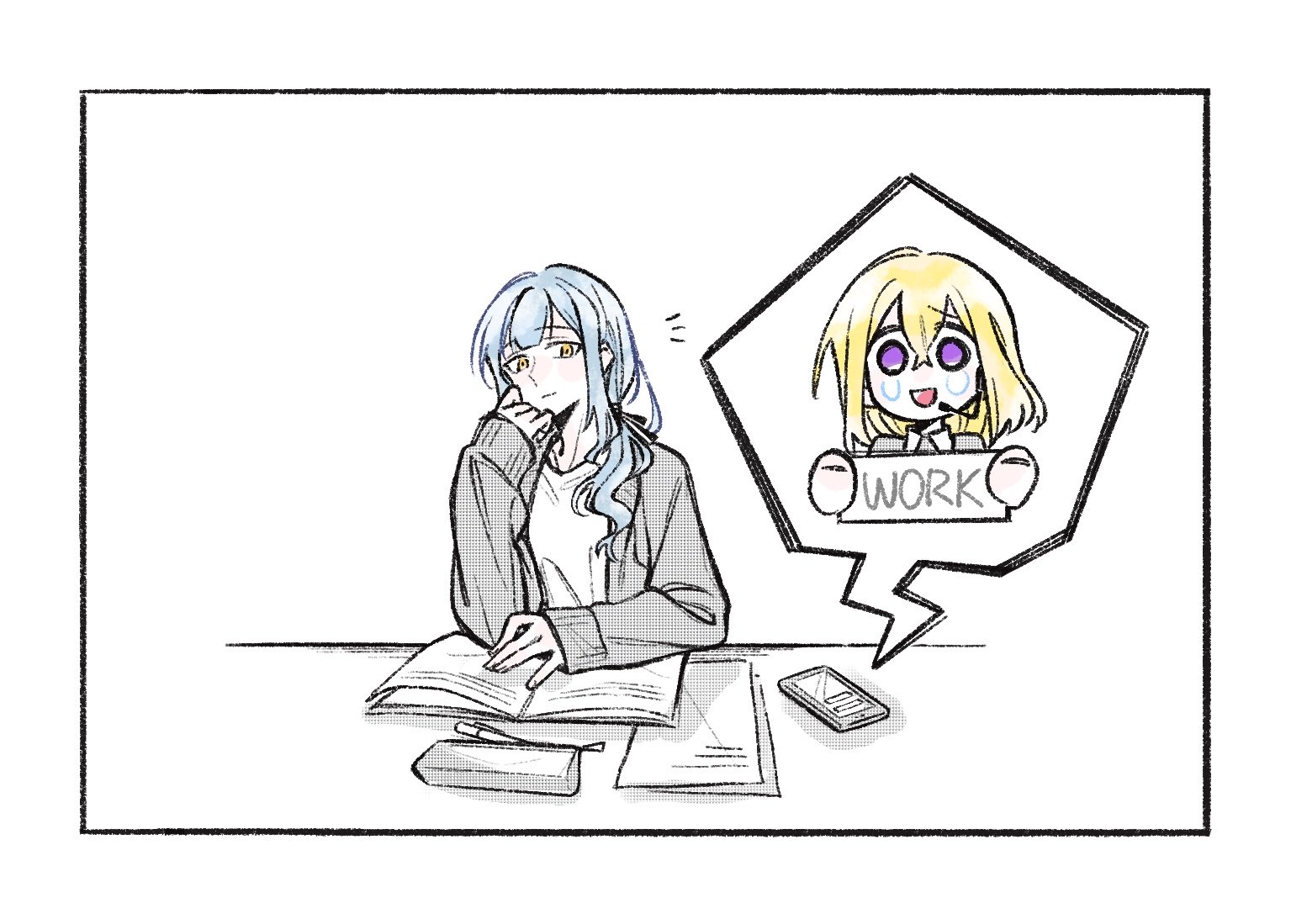 misumi uika, togawa sakiko, bang dream!, bang dream! it's mygo!!!!!, chinese commentary, commentary request, 2girls, blonde hair, blue hair, book, cardigan, cellphone, closed mouth, english text, long hair, medium hair, multiple girls, pencil case, phone, purple eyes, ra reityalice, smartphone, smile, tears, yellow eyes
