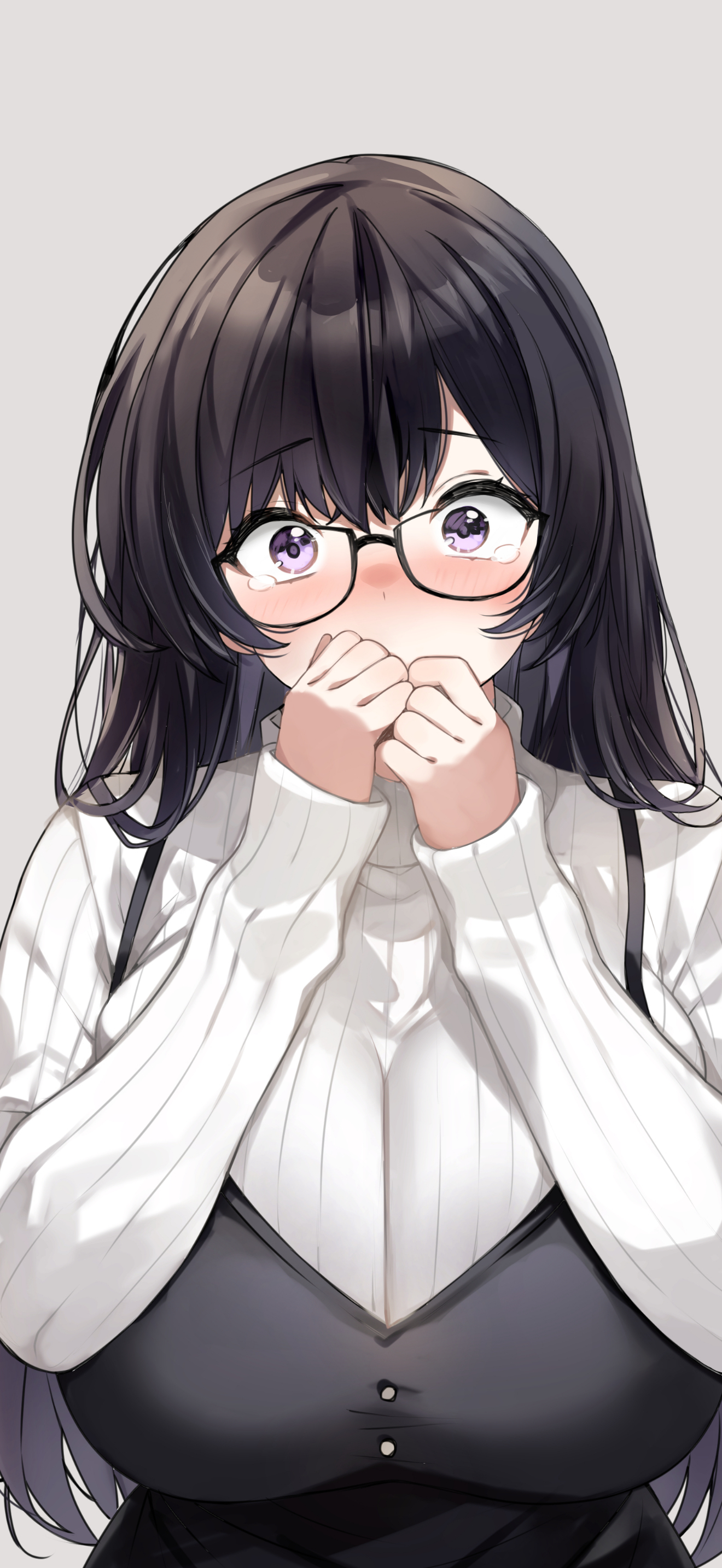 urabanasimati, original, absurdres, highres, 1girl, black dress, black hair, blush, breasts, covering own mouth, dress, glasses, long hair, long sleeves, pinafore dress, purple eyes, ribbed sweater, sleeveless, sleeveless dress, solo, sweater, tearing up, upper body, white sweater