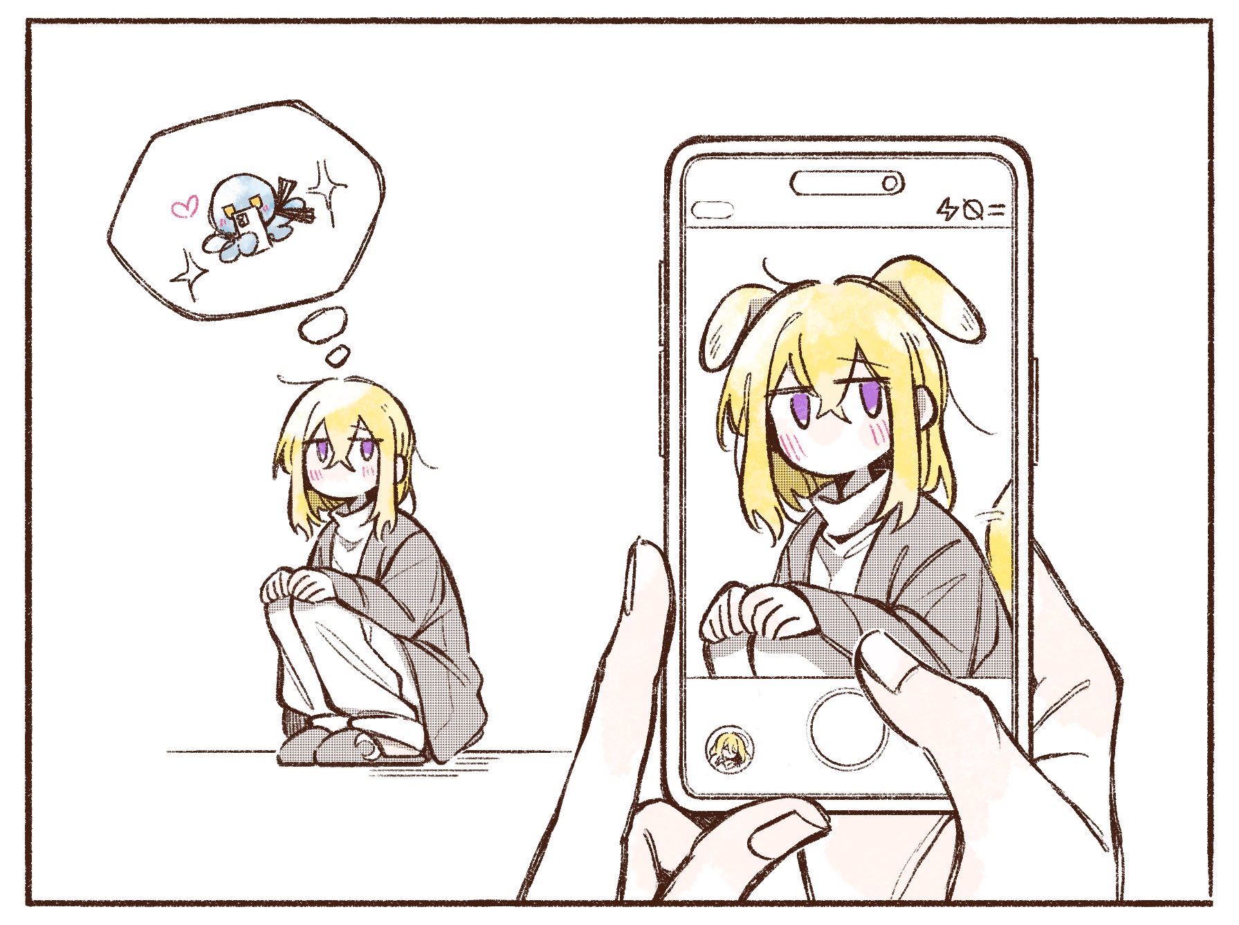 misumi uika, togawa sakiko, bang dream!, bang dream! it's mygo!!!!!, chinese commentary, commentary request, highres, 2girls, animal ears, blonde hair, blush, cellphone, dog ears, dog girl, dog tail, holding, holding phone, kemonomimi mode, looking at viewer, medium hair, multiple girls, octopus, phone, purple eyes, ra reityalice, slippers, smartphone, sparkle, speech bubble, squatting, sweater, tail, taking picture, thought bubble