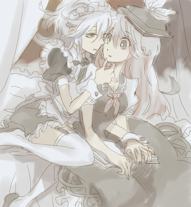 shinoasa, izayoi sakuya, kamishirasawa keine, touhou, bad id, bad pixiv id, 2girls, book, braid, female focus, hat, multicolored hair, multiple girls, ribbon, short hair, thighhighs, white thighhighs, yuri