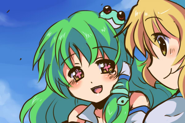 toto (hitori othello), alice margatroid, alice margatroid (pc-98), kochiya sanae, mystic square, tengen toppa gurren lagann, touhou, touhou (pc-98), + +, 2girls, female focus, green hair, multiple girls, parody, portrait, smile
