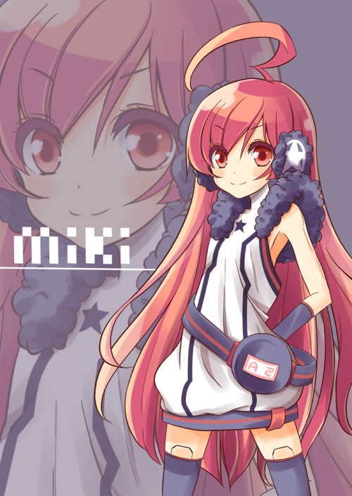 fuguno, sf-a2 miki, vocaloid, 1girl, ahoge, blush, dress, female focus, headphones, long hair, red eyes, red hair, smile, solo, thighhighs, very long hair, zoom layer