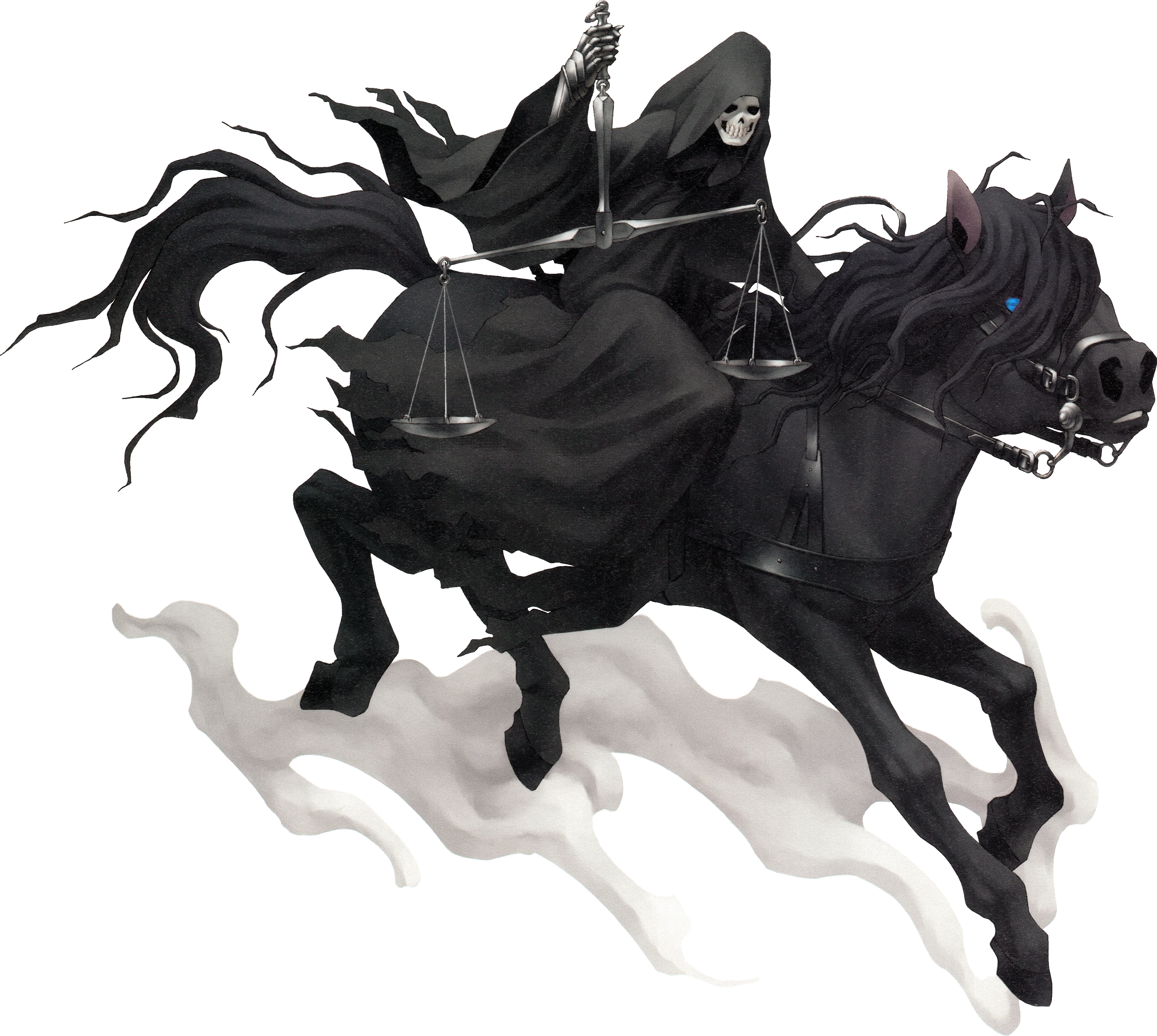 kazuma kaneko, black rider (megami tensei), shin megami tensei, shin megami tensei iii: nocturne, absurdres, highres, official art, scan, third-party source, 1boy, animal, balance scale, black cloak, black skin, blue eyes, bridle, cloak, colored skin, demon (megami tensei), fog, full body, holding scale, hood, hooves, horse, horseback riding, male focus, mane, riding, skeleton, skull, tail, transparent background, weighing scale