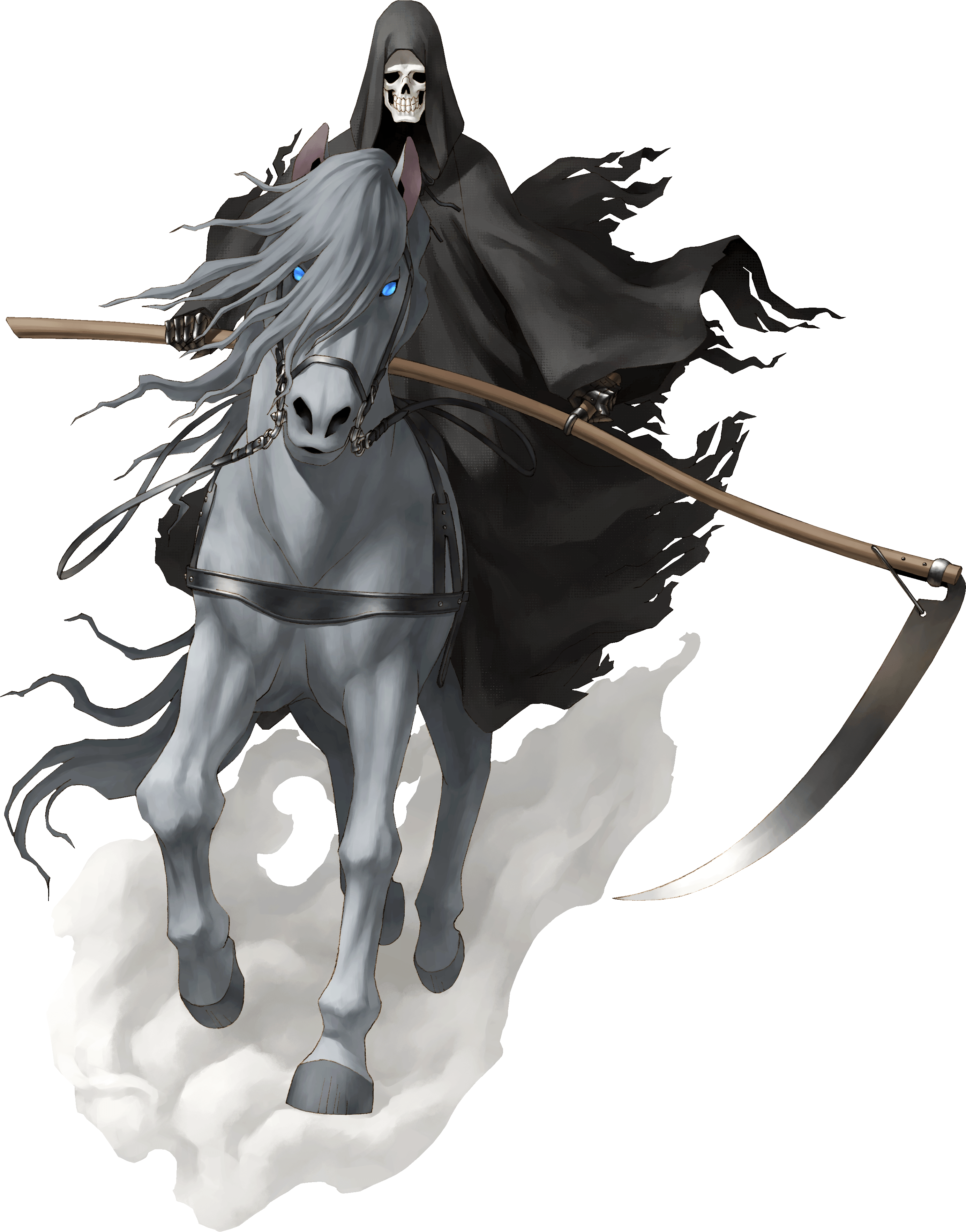 kazuma kaneko, pale rider (megami tensei), shin megami tensei, shin megami tensei iii: nocturne, absurdres, highres, official art, scan, third-party source, 1boy, animal, black cloak, blue eyes, bridle, cloak, colored skin, demon (megami tensei), fog, full body, grey skin, hair between eyes, holding, holding scythe, hood, hooves, horse, horseback riding, male focus, mane, riding, scythe, skeleton, skull, tail, transparent background