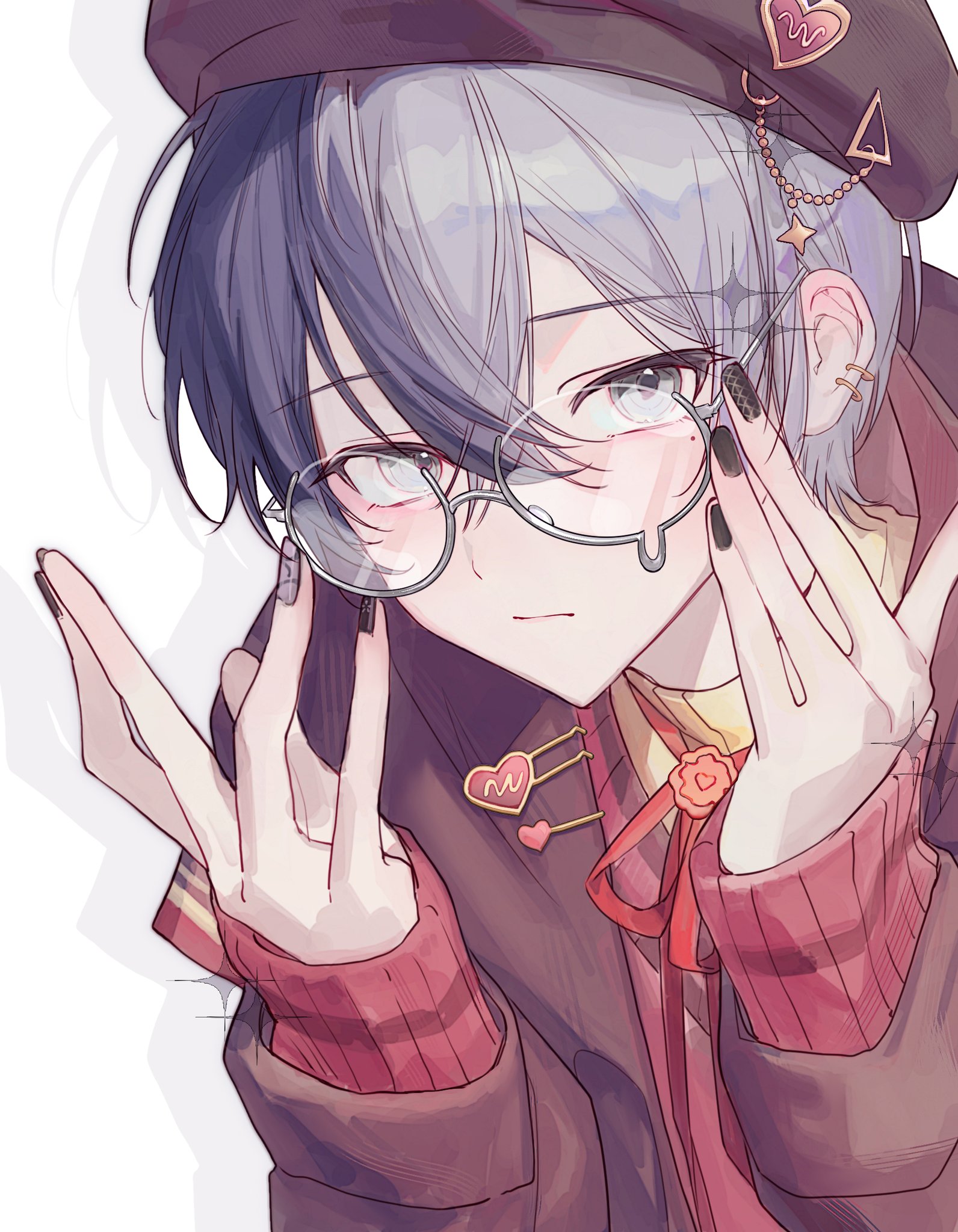 qimomo1227, aoyagi touya, project sekai, commentary request, highres, 1boy, beret, blue hair, brooch, earrings, glasses, grey eyes, hat, heart, heart brooch, jewelry, looking at viewer, mole, mole under eye, multicolored hair, nail polish, official alternate costume, round eyewear, split-color hair, sweater, take the best shot! (project sekai), two-tone hair, upper body