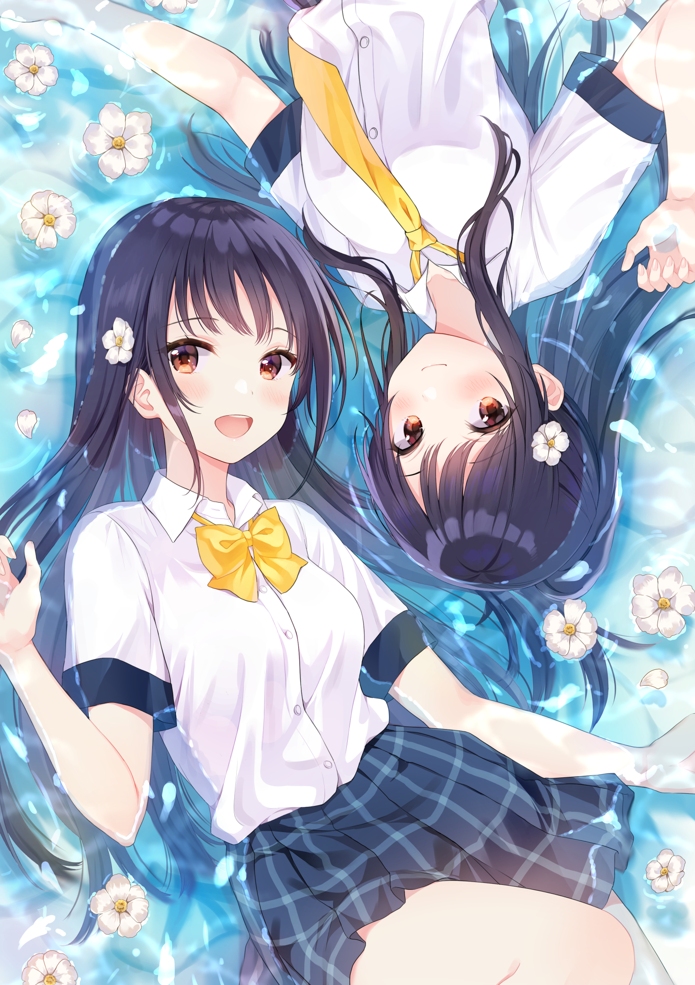 yatomi, original, commentary request, highres, 2girls, black hair, blue skirt, breasts, brown eyes, collared shirt, dress shirt, flower, flower on head, hand up, long hair, lying, medium breasts, multiple girls, necktie, on back, petals, petals on liquid, plaid clothes, plaid skirt, pleated skirt, school uniform, shallow water, shirt, short sleeves, skirt, very long hair, water, white flower, white shirt, yellow necktie