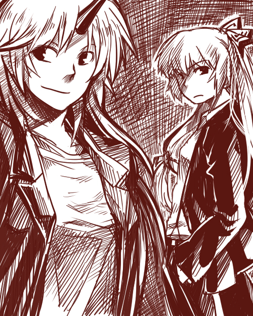 re ghotion, fujiwara no mokou, hoshiguma yuugi, touhou, 2girls, contemporary, female focus, hair ribbon, hand in pocket, horns, jacket, long hair, monochrome, multiple girls, pants, red theme, ribbon, shirt, single horn, smile, t-shirt