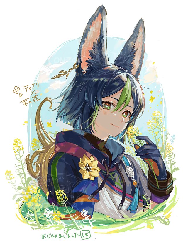 pon2oo, tighnari (genshin impact), genshin impact, commentary request, translation request, 1boy, animal ear fluff, animal ears, black gloves, black hair, black hood, blush, brown eyes, closed mouth, drawstring, flower, flower to mouth, fox boy, fox ears, from side, gloves, green eyes, green hair, hair between eyes, hand up, holding, holding flower, hood, hood down, looking at viewer, looking to the side, male focus, medium hair, multicolored eyes, multicolored gloves, multicolored hair, orange gloves, rapeseed blossoms, smile, solo, streaked hair, tassel, two-tone eyes, two-tone gloves, upper body, yellow flower
