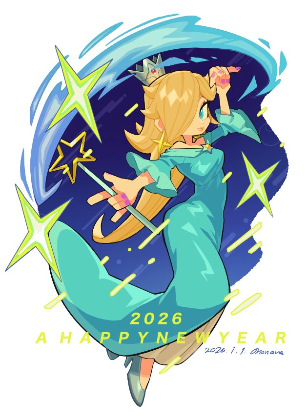 nonana (galaxycat89p13), rosalina, mario (series), nintendo, super mario galaxy, commentary, symbol-only commentary, 1girl, aqua dress, bare shoulders, blonde hair, blue eyes, breasts, brooch, crown, dress, earrings, grey crown, hair over one eye, holding, holding wand, jewelry, long hair, mini crown, new year, silver crown, smile, solo, star (symbol), star brooch, star earrings, star wand, wand