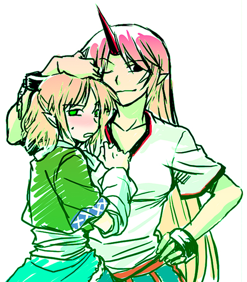 re ghotion, hoshiguma yuugi, mizuhashi parsee, touhou, 2girls, arm warmers, black eyes, blush, cuffs, empty eyes, female focus, gradient hair, green eyes, hand on another's head, hand on own hip, hip focus, horns, long hair, multicolored hair, multiple girls, one eye closed, pointy ears, shackles, shirt, short hair, single horn, smile, sweatdrop, t-shirt, wink