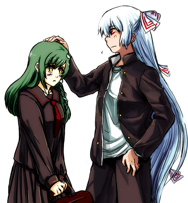 re ghotion, fujiwara no mokou, kochiya sanae, touhou, 2girls, alternate costume, blush, female focus, gakuran, green hair, headpat, long hair, multiple girls, necktie, profile, red eyes, school uniform, serafuku, skirt, white hair, yellow eyes