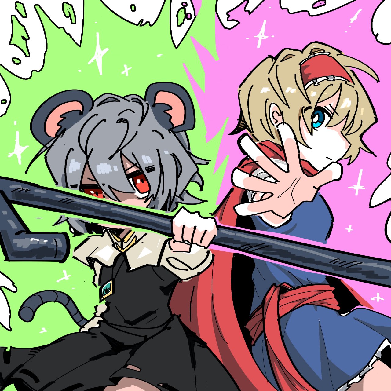 alice margatroid, ichigo (cookie), nazrin, nyon (cookie), cookie (touhou), touhou, commentary request, highres, 2girls, animal ears, aura, black skirt, black vest, blonde hair, blue dress, blue eyes, closed mouth, cowboy shot, dowsing rod, dress, food, frilled hairband, frills, gomennetemple, grey hair, hairband, long sleeves, looking at viewer, mouse ears, mouse girl, mouse tail, multiple girls, red hairband, red sash, sash, shirt, short hair, skirt, tail, v-shaped eyebrows, vest, white shirt