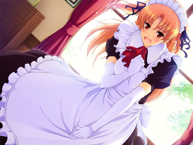 blonde hair, curtains, elbow gloves, long hair, maid, window