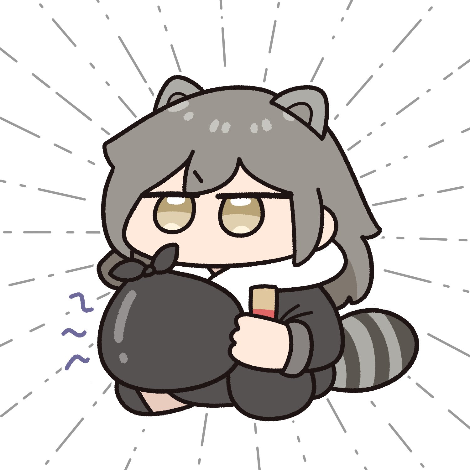 underdatv, stelle (honkai: star rail), trailblazer (honkai: star rail), honkai: star rail, honkai (series), commentary, english commentary, highres, 1girl, animal ears, black gloves, full body, gloves, grey hair, holding, long hair, no mouth, raccoon ears, raccoon tail, sitting, smell, tail, trash bag, white background, yellow eyes