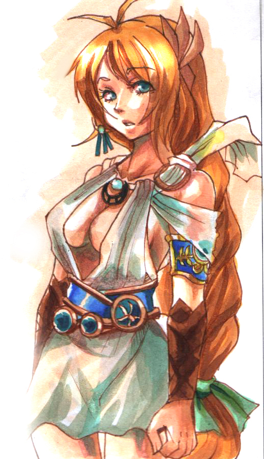 arimura marron, nana ™, sophitia alexandra, nana, soul calibur, soulcalibur, soulcalibur iv, bad id, bad pixiv id, traditional media, 00s, 1girl, ahoge, aqua eyes, armor, armored dress, blonde hair, blonde twist, blue eyes, bracelet, breasts, cleavage, dress, goddess bracelet, goddess headdress, goddess robe, hair ornament, hair ribbon, jewelry, large breasts, long hair, orange hair, ribbon, very long hair