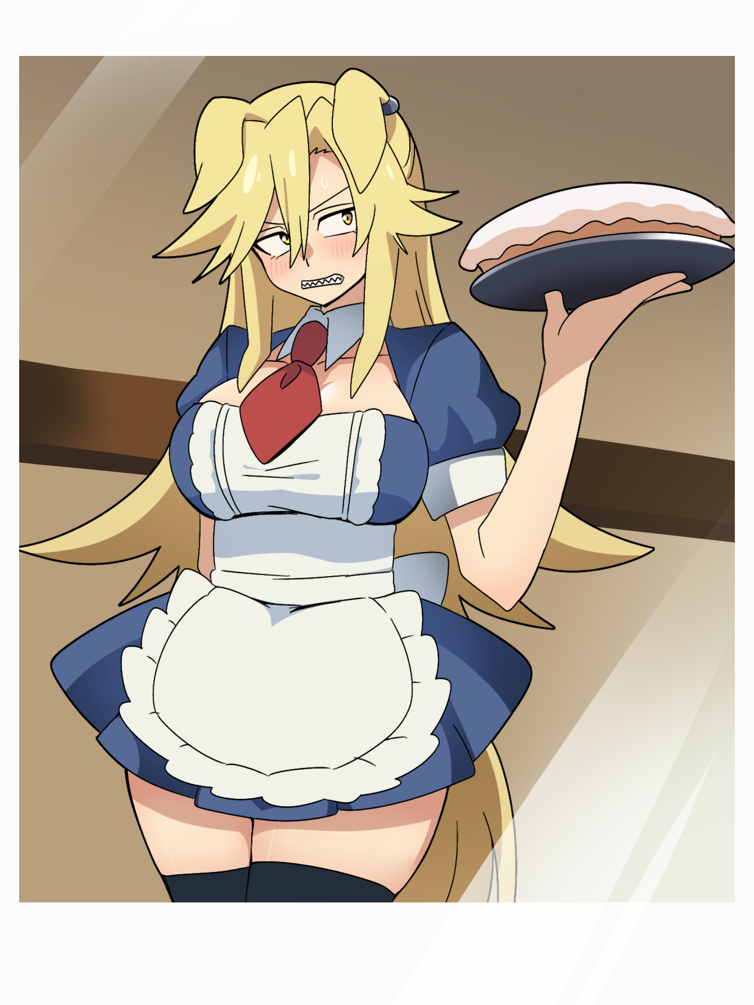 rudy lemono (umamusume), umamusume, umamusume: cinderella gray, commentary request, highres, 1girl, alternate costume, animal ears, apron, black thighhighs, blonde hair, blue dress, blush, border, breasts, cake, cleavage, cleavage cutout, clothing cutout, cowboy shot, dress, ears down, embarrassed, enmaided, food, ho 1000 ka, holding, holding tray, horse ears, horse girl, horse tail, large breasts, long hair, looking afar, maid, necktie, open mouth, puffy short sleeves, puffy sleeves, red necktie, sharp teeth, short sleeves, solo, tail, teeth, thighhighs, tray, white apron, white border