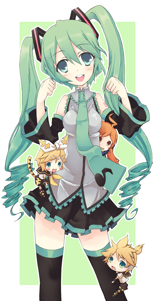 natsuki yuu, natsuki yuu (minamino tsuki), hatsune miku, kagamine len, kagamine rin, sf-a2 miki, vocaloid, 1boy, 3girls, ahoge, blonde hair, blush stickers, cat tail, drill hair, green hair, hair ornament, hairpin, long hair, multiple girls, necktie, skirt, square-end necktie, tail, thighhighs, tiger tail, twintails
