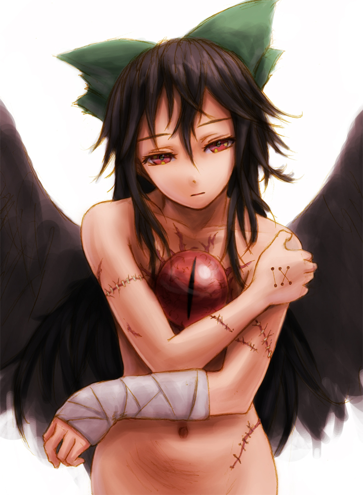 kurione (pixiv), kurione (zassou), reiuji utsuho, touhou, bad id, bad pixiv id, 1girl, bandages, black hair, bow, eye focus, female focus, hair bow, half-closed eyes, head tilt, holding own arm, long hair, nude, red eyes, scar, solo, stitches, wings