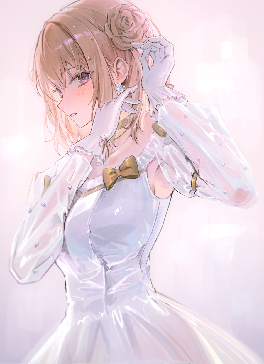 tokkyu, misumi uika, bang dream!, bang dream! it's mygo!!!!!, commentary, highres, 1girl, armpits, blush, bow, brown hair, collarbone, dress, earrings, flower, gloves, green bow, hair flower, hair ornament, jewelry, looking at viewer, purple eyes, see-through clothes, see-through sleeves, simple background, solo, white background, white dress, white gloves