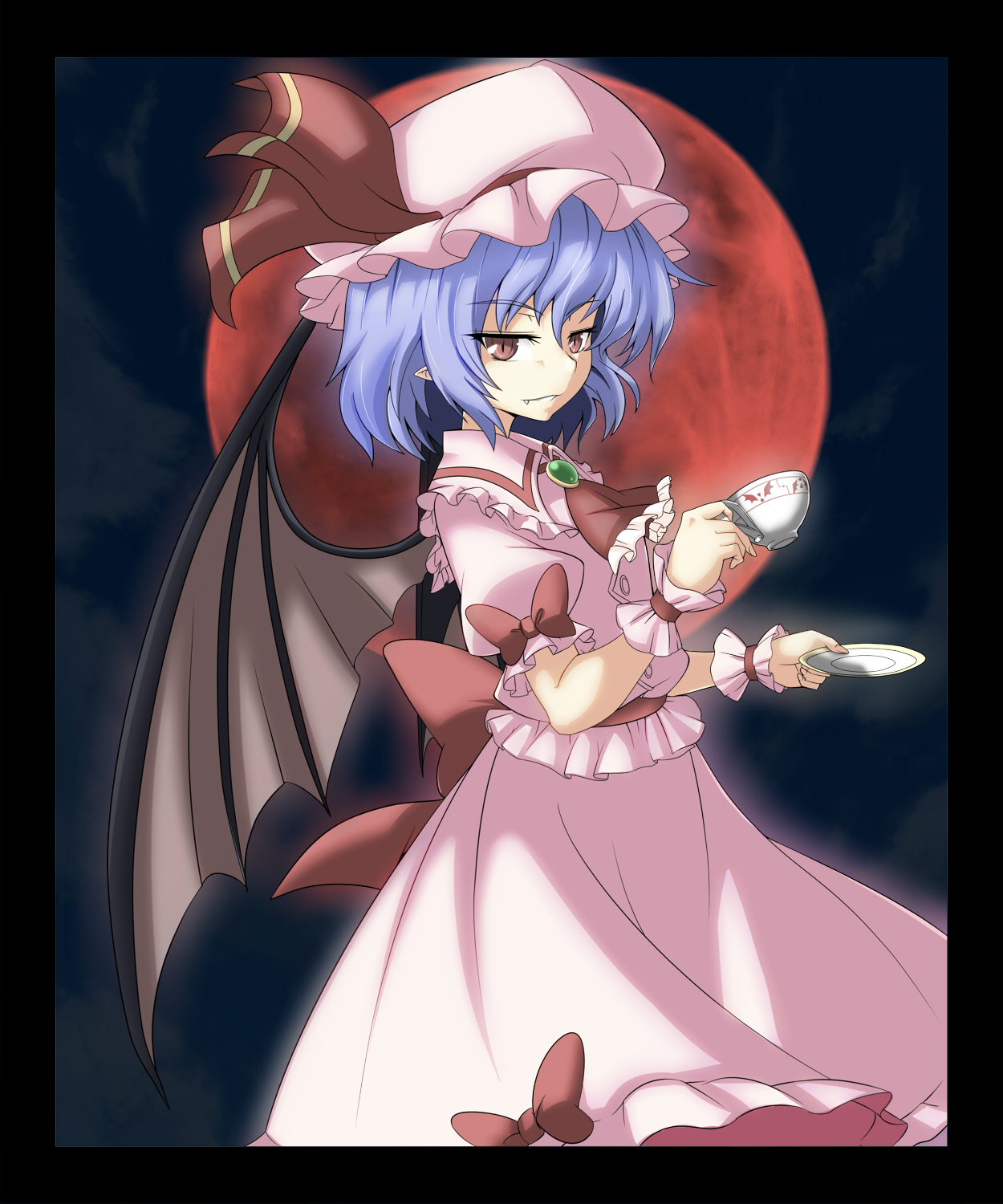 wabi (wbsk), remilia scarlet, touhou, commentary request, highres, 1girl, ascot, back bow, bat wings, blue hair, bow, chest jewel, cloud, cup, dress, fang, frills, hat, hat ribbon, holding, holding cup, holding plate, looking at viewer, mob cap, moon, night, pink dress, pink hat, plate, pointy ears, puffy short sleeves, puffy sleeves, red ascot, red bow, red eyes, red moon, red ribbon, ribbon, short hair, short sleeves, slit pupils, smile, solo, teacup, vampire, wings, wrist cuffs