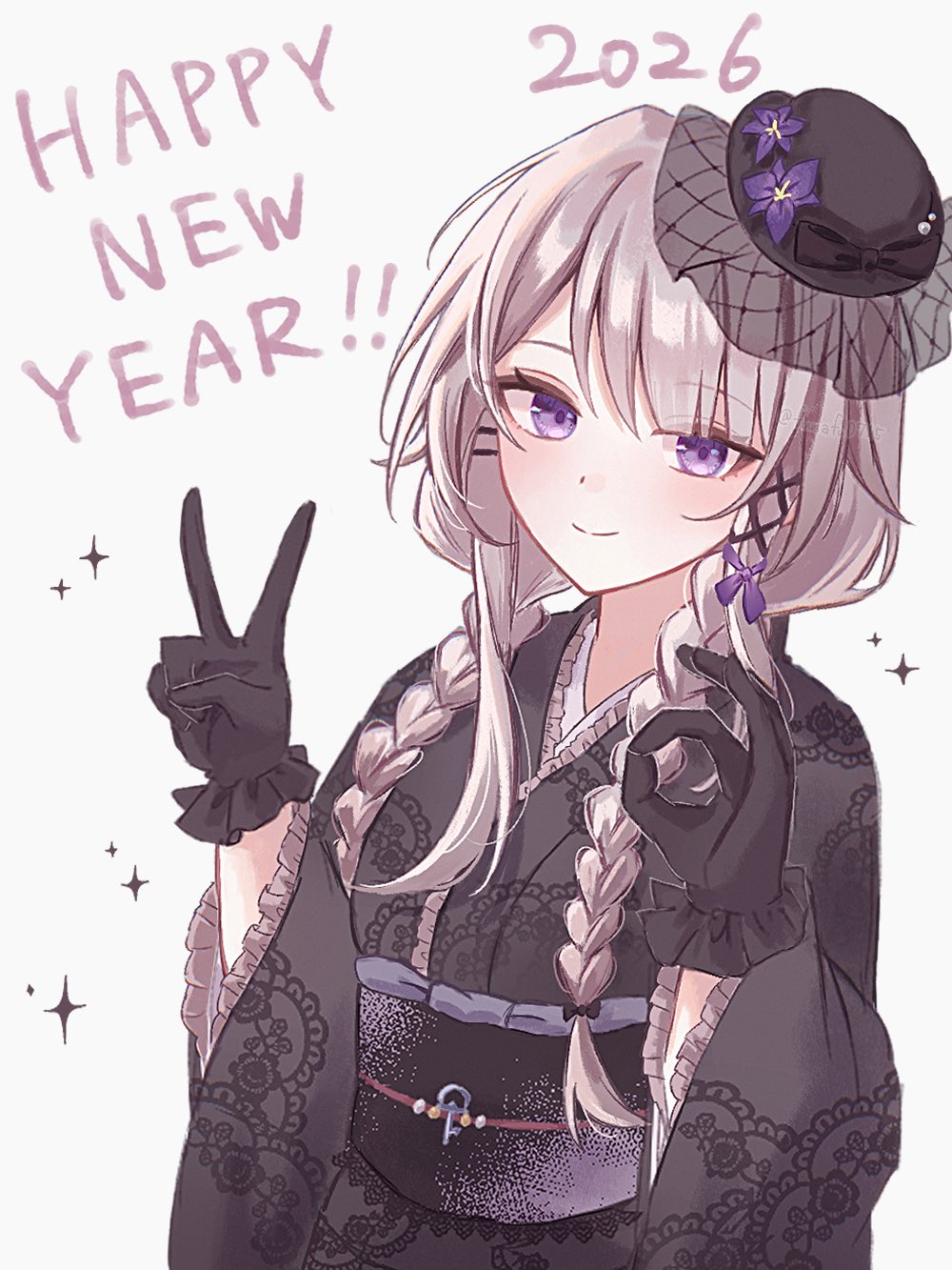 funafu, herta (honkai: star rail), the herta (honkai: star rail), honkai: star rail, honkai (series), commentary request, highres, 1girl, 2026, alternate costume, black kimono, black ribbon, braid, brown hair, frilled gloves, frills, gloves, hair ribbon, happy new year, japanese clothes, kimono, new year, ok sign, purple eyes, purple ribbon, ribbon, solo, sparkle, twin braids, v, white background
